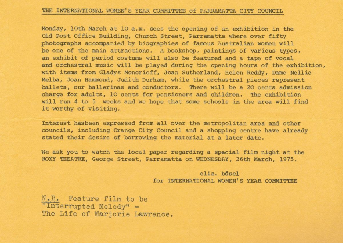 Letter regarding 1975 activities in Parramatta for International Women's Day