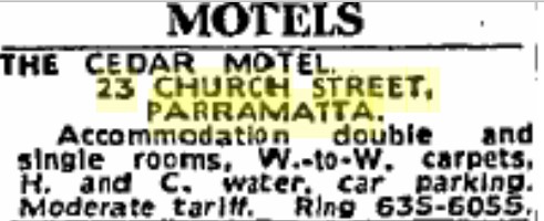(Source: Motel. The Cedar Motel. (1962, July 25). The Sydney Morning Herald, p. 25)