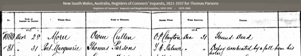 Registers of Coroners' Inquests for Thomas Parsons