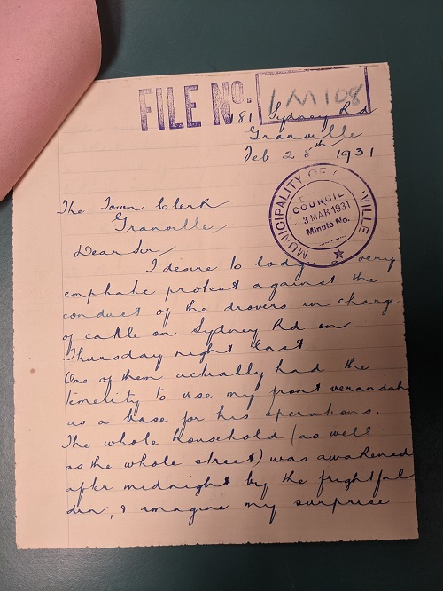 Complaint letter regarding drovers on Sydney (Parramatta) Road, 1932