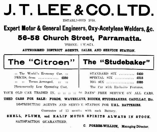 Advertisement for J T Lee & co Ltd, Motor Engineers, Church Street, Parramatta Cumberland Argus. 27 March 1925 p 11