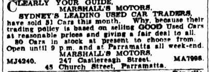 Advertisement: Marshall’s Motors, 45 Church Street, Parramatta (Source: Sydney Morning Herald.24 March 1939, p.3)
