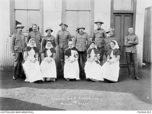Nurses accompanied the 3rd Victorian Bushmen’s Contingent to South Africa in 1900: (front row – left to right) Sisters Fanny Hines, Julia Anderson, Marianne Rawson, Ellen Walter and Annie Thomson (Source: Australian War Memorial)