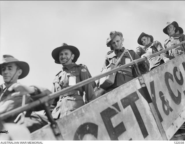 Sydney, NSW 1945. Members of 8th Division AIF on the gangway of the Hospital ship