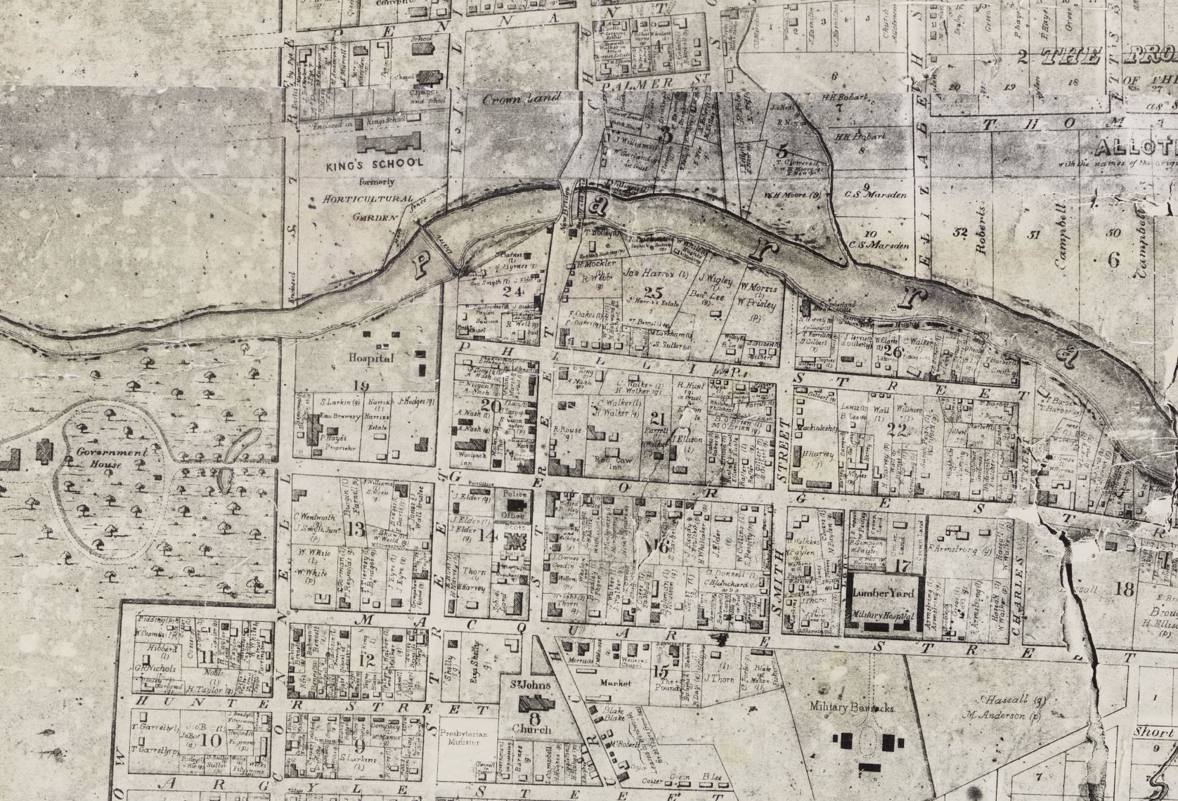 Brownrigg, William Meadows. (1844). Plan of the Town of Parramatta and the adjacent properties, State Library of New South Wales, M4 811.1301/1844/1; FL3690457. 