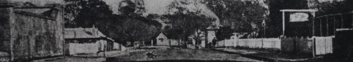 George Street, Parramatta, looking west to stone gatehouse, circa 1860s. Source: LSP 00407