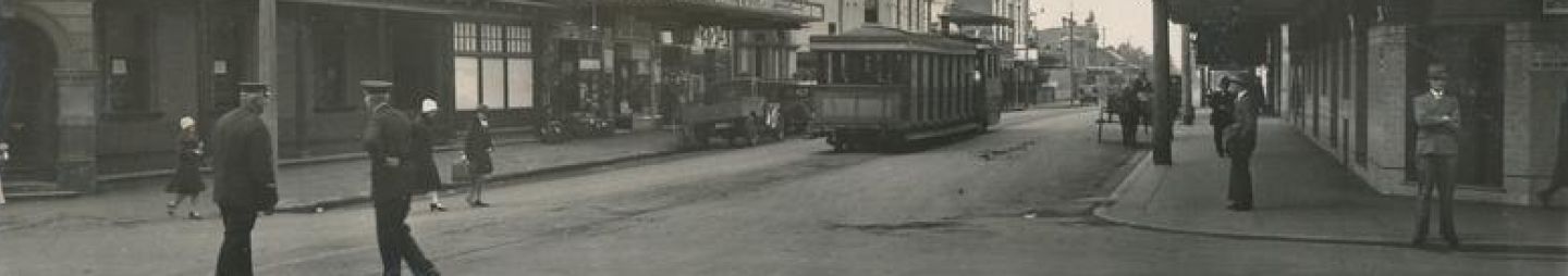 Tram running down a Parramatta city street circa 1920s-1930s. Source: Community Archives Collection ACC198/038