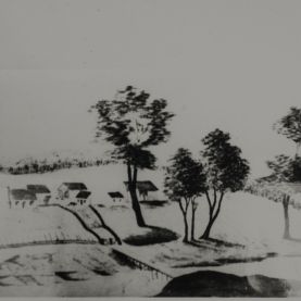 Government Farm at Rosehill, view looking towards the buildings with footbridge in the foreground, 1791. Source: LSP 0051