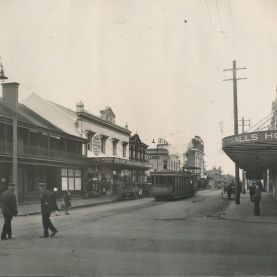 Tram running down a Parramatta city street circa 1920s-1930s. Source: Community Archives Collection ACC198/038