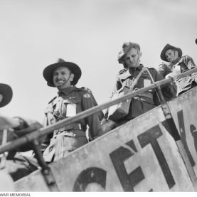 Sydney, NSW 1945. Members of 8th Division AIF on the gangway of the Hospital ship