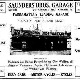 Advertisement for Saunders Bros. Garage, Church Street Parramatta