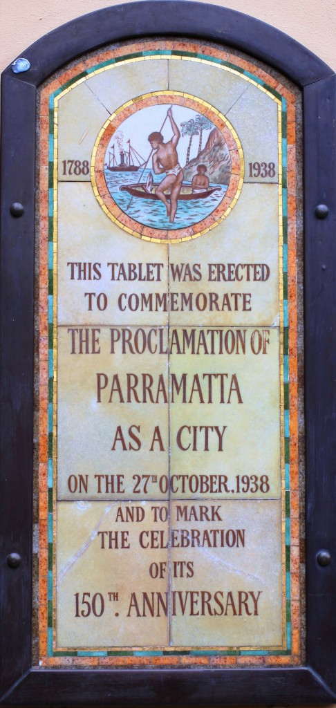 Tablet on the front of Parramatta Town Hall commemorating the proclamation of Parramatta as a City and its 150th Anniversary. Photo Peter Arfanis