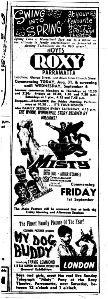 Roxy Theatre advertisement, Parramatta Advocate August 31st, 1961