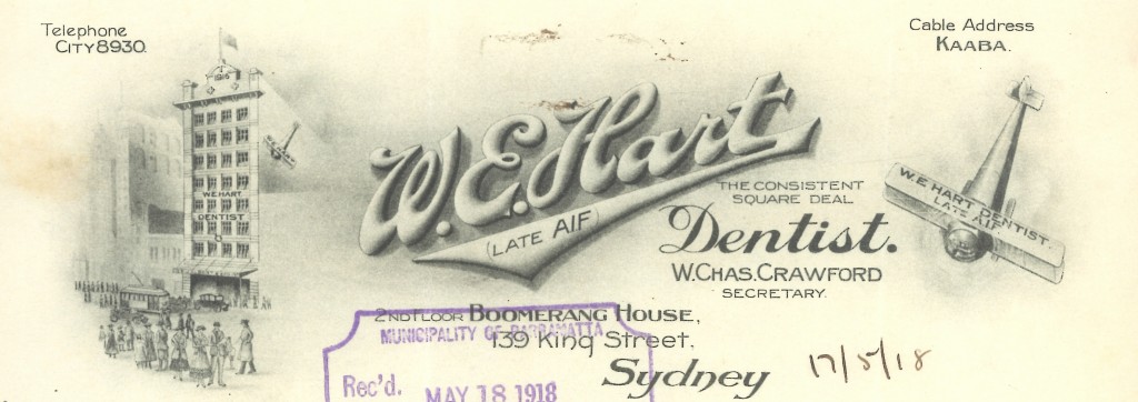 W. E. Hart. Letterhead as a Dentist and showing his connection with aviation. Parramatta Council Archives