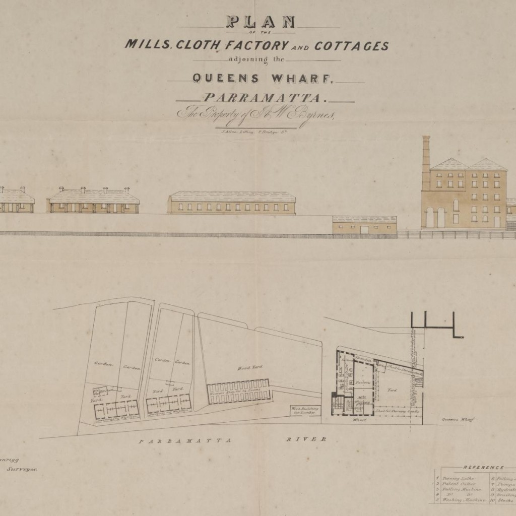 Plan of the mills, cloth factory and cottages adjoining the Queens Wharf, Parramatta 