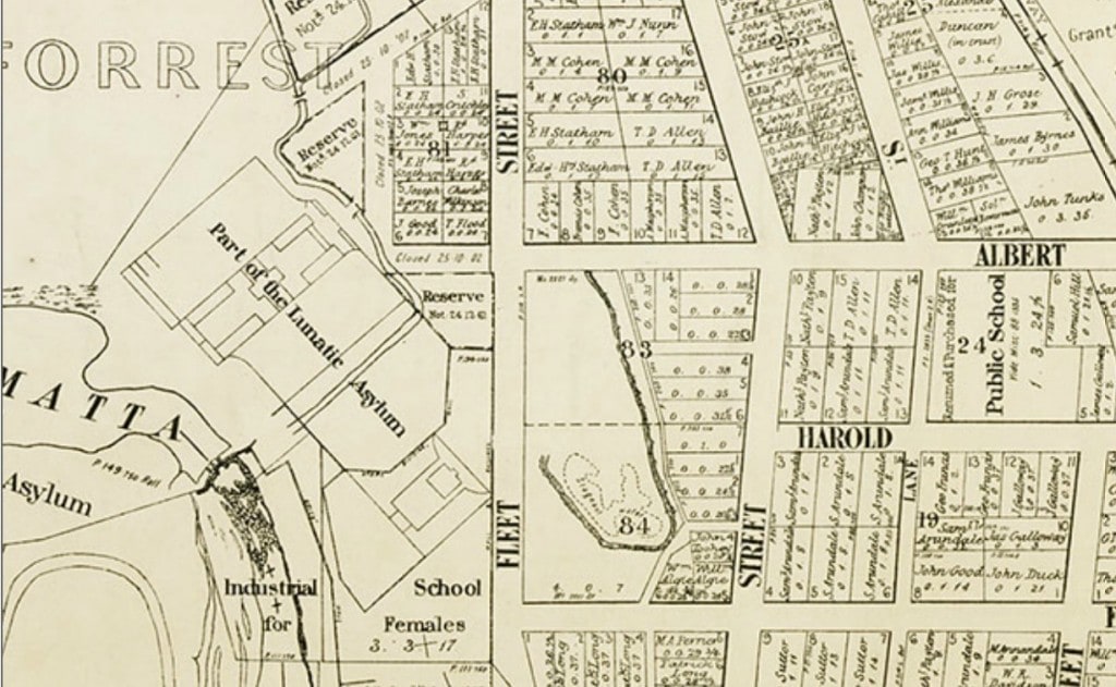 Parramatta Town Map 1904 showing the quarry at Fleet Street. SLNSW. a6386001