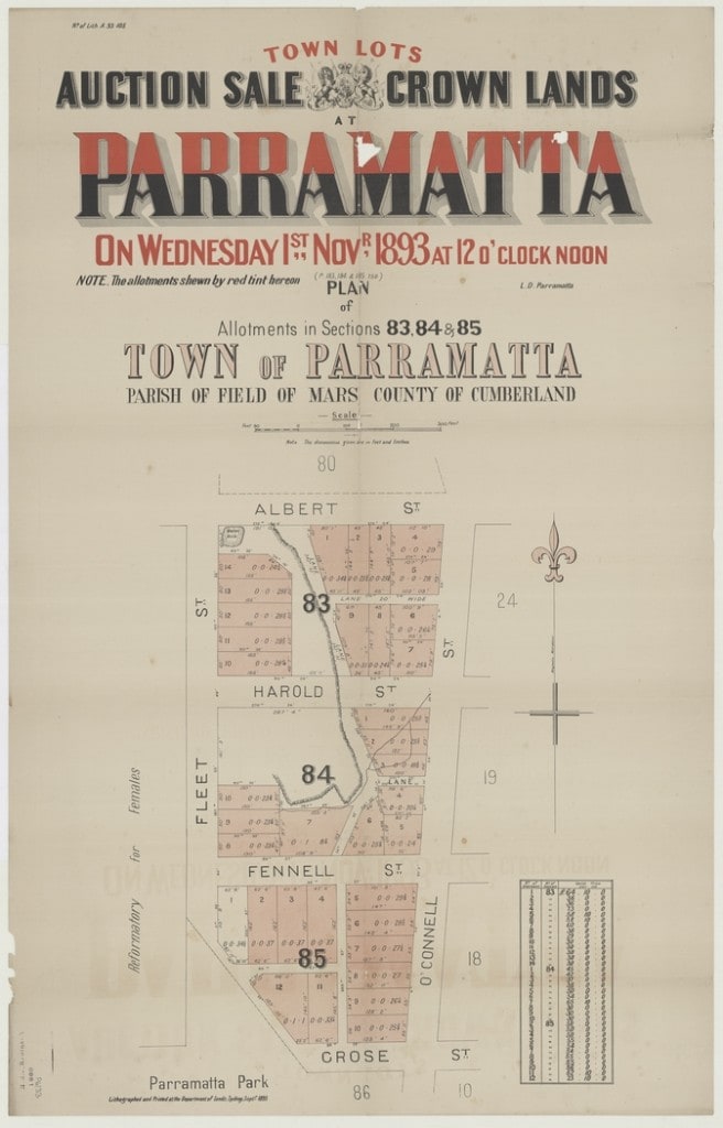 Auction Poster 1893 showing the subdivision of land around the quarry. SLNSW c035480034h