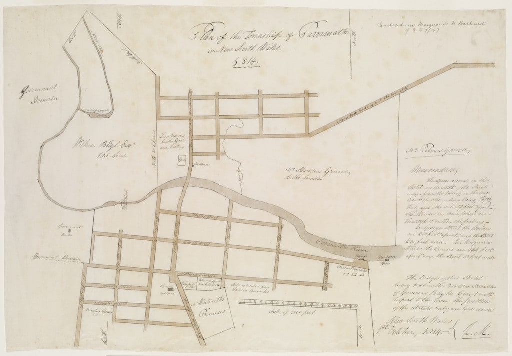 Plan of the Township of Parramatta in New South Wales 1814 showing Bligh's land grant at the east' SLNSW a1528520