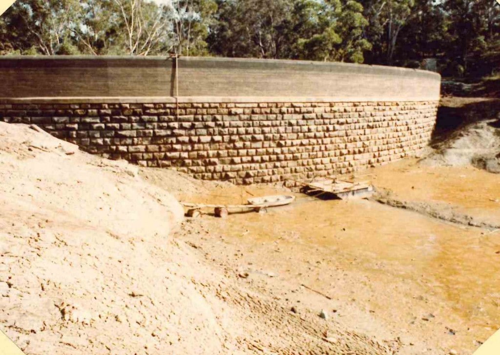 Inside wall of Parramatta Dam taken when the lake was drained for repairs in 1983. Photograph Parramatta Heritage Centre