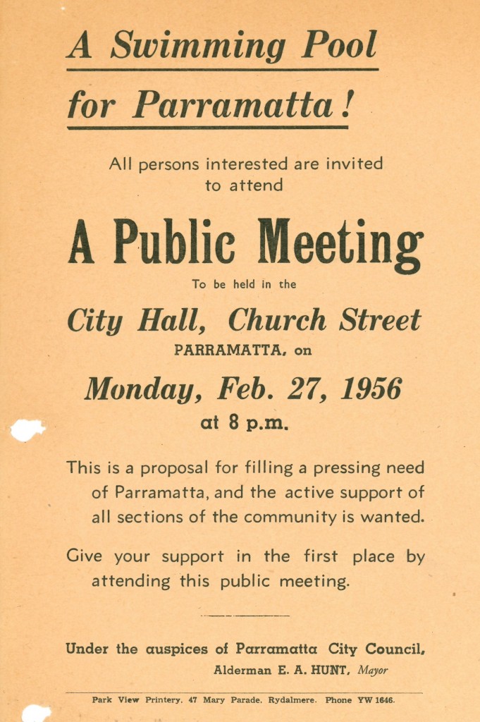 Leaflet announcing the public meeting for people interested in Parramatta having a pool.