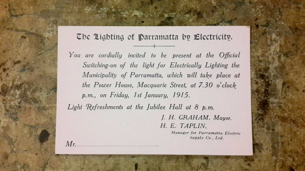 Invitation for the Switching-on of the light ceremony, Parramatta, 1915
