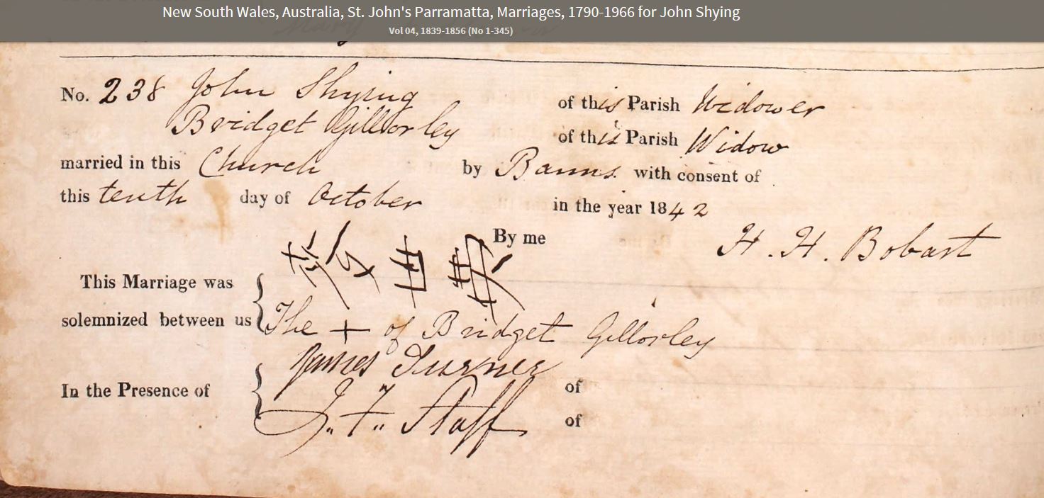 John Shying - Bridget Gillory Marriage Certificate 1842