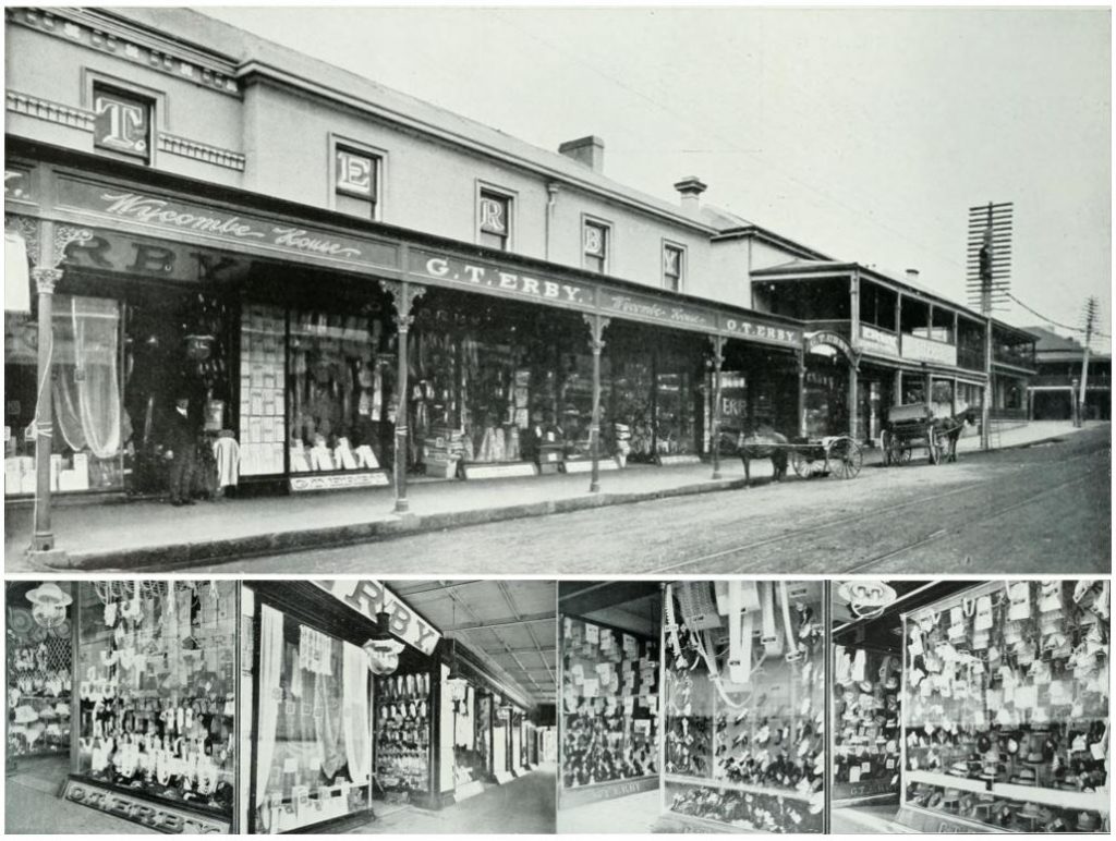 Top: Wycombe House, Church Street, Parramatta. Left to right: Millinery, fancy haberdashery, household drapery and toy department, boots and shoes and mercery departments. (Source: Cumberland Argus, 1911, page 166-7)
